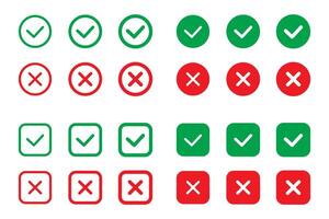 rätt eller fel ikoner. grön bock och röd korsa bockar i cirkel platt ikoner. ja eller Nej symbol, godkänd eller avvisade ikon för användare gränssnitt. vektor