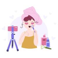 skönhet bloggande begrepp. inspelning smink handledning och kosmetika recension. tecknad serie platt illustration. vektor