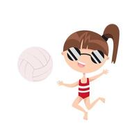 süß wenig Mädchen spielen Strand Volleyball. komisch glücklich Sommer- Maskottchen Charakter. cool eben Karikatur Illustration Über tropisch Meer Urlaub, Wochenende durch das Ozean, Sport. ein Teenager fängt ein Ball vektor