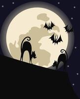 bedrohlich voll Mond Über das Dach von das Haus. dunkel sternenklar Nacht im das Dorf. schwarz böse Katzen Kampf und Miau. Fledermäuse fliegen im das Himmel. schön Illustration zum Kinder und Jugendliche zum Halloween. Geschenk Karte vektor