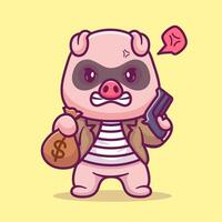 söt gris tjuv innehav pengar och pistol tecknad serie vektor