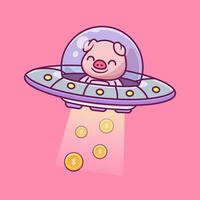 söt gris fångst guld mynt pengar med UFO tecknad serie vektor