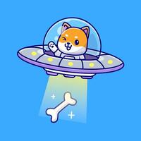 söt shiba inu fångst ben med UFO tecknad serie vektor