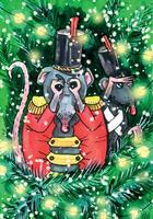 vattenfärg illustration baserad på de nötknäppare fe- berättelse med tecknad serie råttor Sammanträde på en jul träd med en brinnande krans. för de design och dekoration av ny år och jul posters vektor