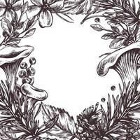 ätlig skog svamp kantareller med blåbär och lingon, löv, gran och kottar. grafisk illustration, hand dragen med brun bläck, linje konst. runda ram, krans mall för text. vektor