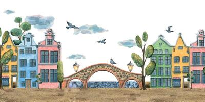 Aquarell Illustration von ein alt europäisch Stadt mit ein Brücke, Bäume, Wolken, Tauben, Laternen. Komposition zum Dekoration und Design von Souvenirs, Poster, Postkarten, Drucke. vektor
