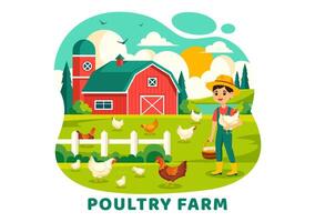 fjäderfän bruka illustration med kycklingar, tuppar, sugrör, bur och ägg på landskap av grön fält i platt tecknad serie bakgrund design vektor