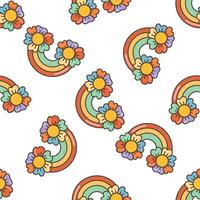 Regenbogen mit Blumen nahtlos Muster. Illustration im Karikatur Stil. 70er Jahre retro Clip Art Design. vektor