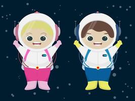 tecknad serie astronaut pojke och flicka leende upprymd vektor