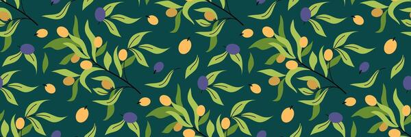 Olive Geäst nahtlos Muster. dunkel Grün Hintergrund mit Blumen- Illustration. Frühling und Sommer- Jahreszeit Hintergrund. zum Hintergrund oder Stoff, Verpackung, Marke. eben Illustration. vektor