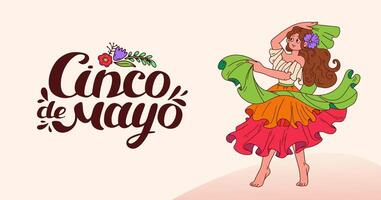 cinco de mayo firande baner. horisontell bakgrund med dans mexikansk kvinna. hand text. flamenco musikalisk prestanda. mexico dansare på cinco de mayo festival. klotter illustration. vektor