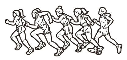 Gruppe von Frauen Start Laufen Läufer Aktion Joggen zusammen Karikatur Sport Grafik vektor