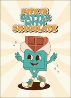 retro Poster, Karte, Banner mit Schokolade Bar. Karikatur Maskottchen. süß groovig Charakter vektor