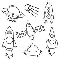 ein einstellen von Raum isoliert Symbole von Planeten, Satelliten, ufos und Raketen. Illustration vektor