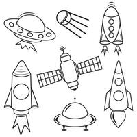 en uppsättning av Plats isolerat ikoner av planeter, satelliter, ufos och raketer. illustration vektor