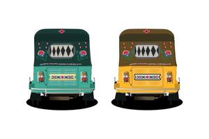 uppsättning av gul och grön auto-rickshaw illustrationer i Indien. med riksha måla på Det. främre se av tuk-tuk vektor
