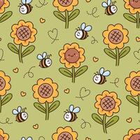 sömlös mönster design med söt blomma solros, söt bi, hjärta vektor