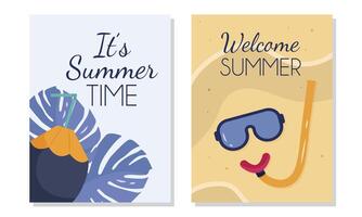 uppsättning av sommar posters med strand och hav element, sådan som simning glasögon eller en dykning mask, tropisk löv, och kokos dryck. illustration uppsättning för en semester reklam affisch mall. vektor
