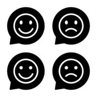 Lycklig och ledsen emoji ikon på Tal bubblor. tillfredsställande och nedslående tecken symbol vektor