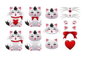 uppsättning av rolig katter. uppsättning av söt tecknad serie katter med hjärtan, bågar och element isolerat på vit bakgrund. vektor