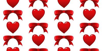 sömlös mönster av röd hjärtan med röd bågar i mellan dem. begrepp av kärlek och romantik. för tyg, tapet, omslag papper, Semester förpackning. vektor