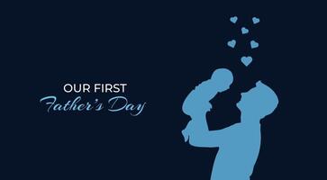 glücklich Väter Tag Gruß Karte. Silhouette von Mann und Baby auf Blau Hintergrund. unser zuerst Väter Tag. Illustration. Illustration vektor