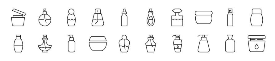 kosmetisk flaskor linjär ikoner samling. redigerbar stroke. enkel linjär illustration för webb webbplatser, tidningar, artiklar bok vektor