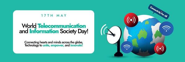 Welt Telekommunikation und Information Gesellschaft Tag 2024. Welt Telekommunikation Tag Feier Banner mit Telekommunikation Turm, Satelliten, Erde Globus. Digital Innovation zum nachhaltig Entwicklung. vektor