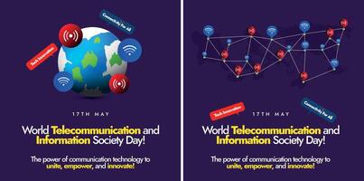 värld telekommunikation och information samhälle dag. 17:e Maj värld telekommunikation och information samhälle dag firande banderoller, inlägg mallar på lila bakgrund med wifi, signal vågor ikon vektor