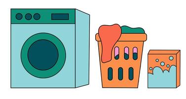 Reinigung einstellen Elemente. Sammlung von Reinigung Werkzeug. Waschen Maschine. Wäsche Korb mit Kleidung. Waschen Pulver. eben Illustration. vektor