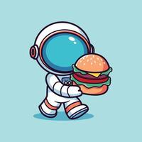 rolig illustration av astronout tecknad serie och burger vektor