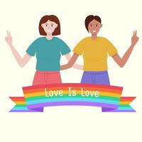 stolthet månad baner begrepp med två flickor och regnbåge flagga vektor