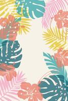 Sommer- Hintergrund mit tropisch Blätter und Blumen mit Overlay Wirkung. abstrakt Startseite zum Netz Banner, Sozial Medien Banner, Postkarte, Einladung. Sommer- Ferien Konzept.Strand Thema. vektor