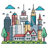 Comic Stil Stadt Himmel Linie Gliederung Illustration Stadtbild Gliederung vektor