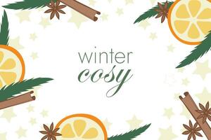 mall tall nålar, orange, kanel ram med plats för text. jul träd gren, citrus, anis. kanel pinne och stjärnor. jul dekorationer. mysigt vinter. platt stil. illustration vektor