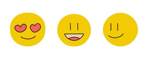 uppsättning av gul runda emojis. i kärlek, skrattande och leende uttryckssymbol. meddelanden på en social nätverk. isolerat. platt stil. illustration. vektor