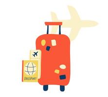 resväska, pass och plan biljetter. bagage med klistermärken och resa dokument. flyg. luft transport form. resa. resenärer saker. Färg bild - orange och gul. platt design. illustration vektor