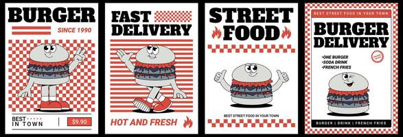 funky Burger Poster einstellen im retro groovig Stil. modisch Illustration. cool Maskot zum Cafe, Bar, Restaurant. Illustration vektor