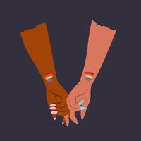 människor av annorlunda hud innehav händer. HBTQ par, familj, gemenskap med hbtg emblem, regnbåge, flagga. kön, mångfald, enhet begrepp. platt illustration för affisch, kort, baner, klistermärke vektor