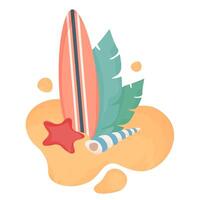 Surfbretter im Sand isoliert auf Weiß Hintergrund. Surfen. tropisch Insel mit exotisch Palme Blätter, Seestern, Muscheln. Sommer- Strand Hintergrund. eben Karikatur Illustration vektor