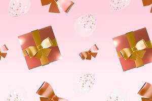 realistisch Rose Gold Geschenk Box mit Brille und Luftballons Feier Design vektor