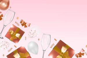 realistisch Rose Gold Geschenk Box mit Brille und Luftballons Feier Design vektor