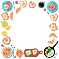 Platz Banner Vorlage mit Frühstück Lebensmittel. Rahmen mit Kaffee, Toast, Croissant, Eier und andere Essen auf Weiß Hintergrund. vektor