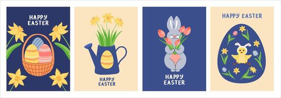 süß Ostern Karten Satz. Frühling Zeichen und Elemente auf Blau Hintergrund. komisch Hase, Hühner, Eier, Frühling Blumen. vektor