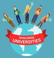 Lycklig studenter från annorlunda länder håll diplom, stå på de klot, de inskrift på de röd band - över hela världen universitet. illustration på de ämne av utbildning utomlands. vektor