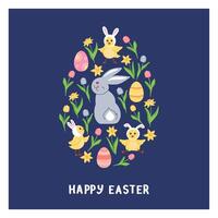 glücklich Ostern Vorlage. süß Hase, Küken und Frühling Blumen auf Blau Hintergrund. editierbar Illustration zum Drucken Gruß Karte, Banner, Sozial Medien Post. vektor