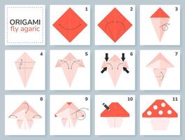 Pilz Origami planen Lernprogramm ziehen um Modell. Origami zum Kinder. Schritt durch Schritt Wie zu machen Papier fliegen Agaric. Illustration. vektor