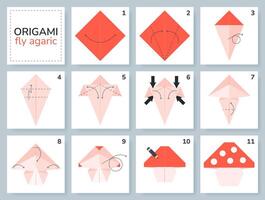 svamp origami schema handledning rör på sig modell. origami för ungar. steg förbi steg på vilket sätt till göra papper flyga agaric. illustration. vektor