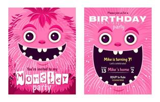 Monster- Party Einladung Satz. glücklich Geburtstag Gruß Karten. festlich Postkarten mit ein flauschige Karikatur Monster. Design mit ein süß Kreatur zum Ihre Feier Fall. geschichtet Vorlage. vektor