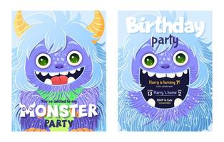 Monster- Party Einladung Satz. glücklich Geburtstag Gruß Karten. festlich Postkarten mit ein flauschige Karikatur Monster. Design mit ein süß Kreatur zum Ihre Feier Fall. geschichtet Vorlage. vektor